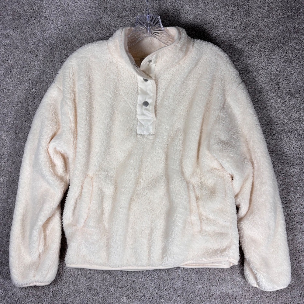 WALLFLOWER Cream Fuzzy Fleece Snap Neck Pullover Sweatshirt Women Size M‎